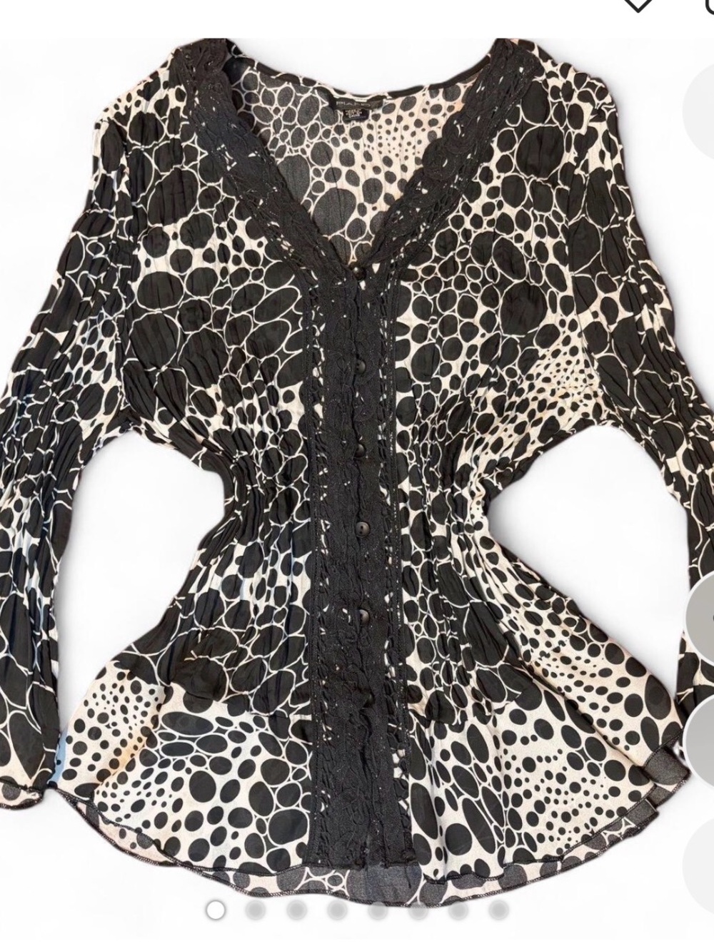 Piano y2k sheer patterned blouse with bell sleeves & lace trim, ruffle detailing